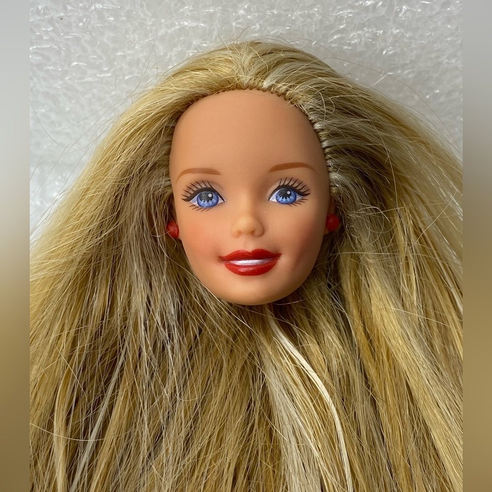 Vintage 1990s Barbie Doll Blonde Hair Red Lips & Earrings -HEAD Replacement Only
